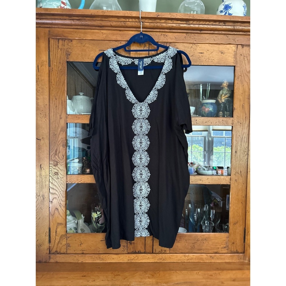 Swimsuits For All Black Embroidered Swim Cover Up Cold Shoulder 18/20 Beach